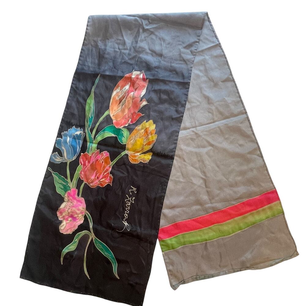 R. Zarrouk Floral Hand Painted Scarf Womens Black Rectangle 11.5" x 54" Signed
